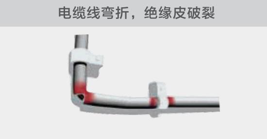 在安裝過(guò)程中，由于電線的彎曲半徑過(guò)小，或是線夾過(guò)緊，導(dǎo)致線纜絕緣皮破裂，產(chǎn)生電弧隱患